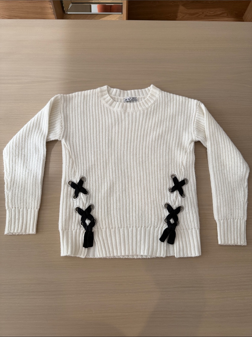 Dex Cream Knit Sweater with Black Ribbon Accents